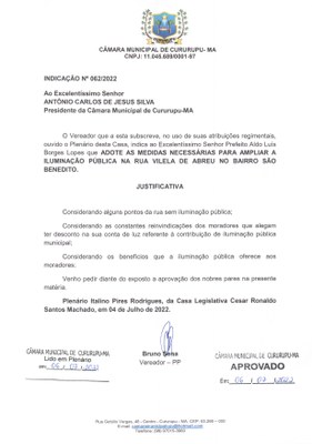 INDICAÇÃO Nº 062/2022 - VER. BRUNO SENA