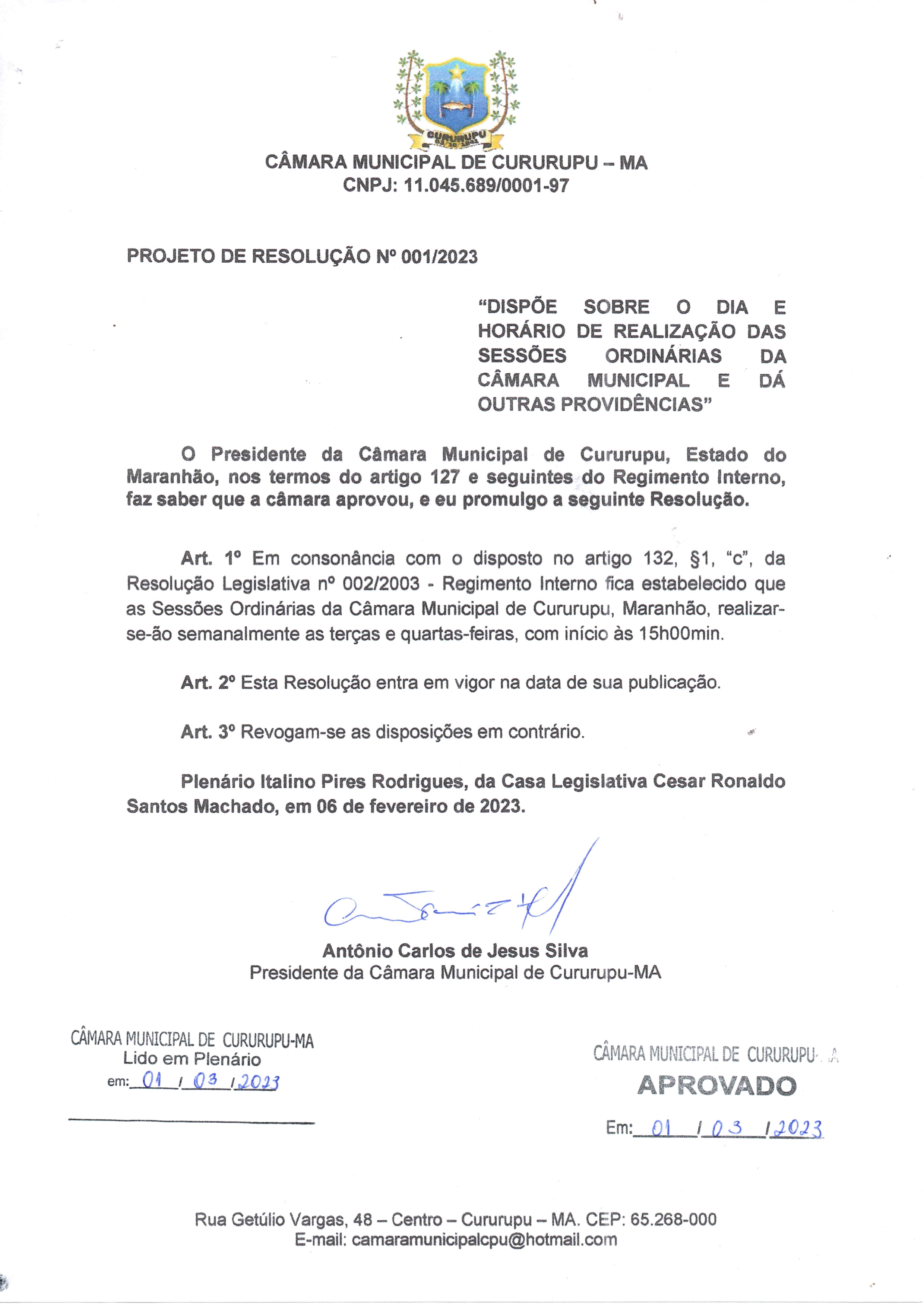 CÂMARA MUNICIPAL APROVA RESOLUÇÃO QUE ALTERA O HORÁRIO DAS SESSÕES