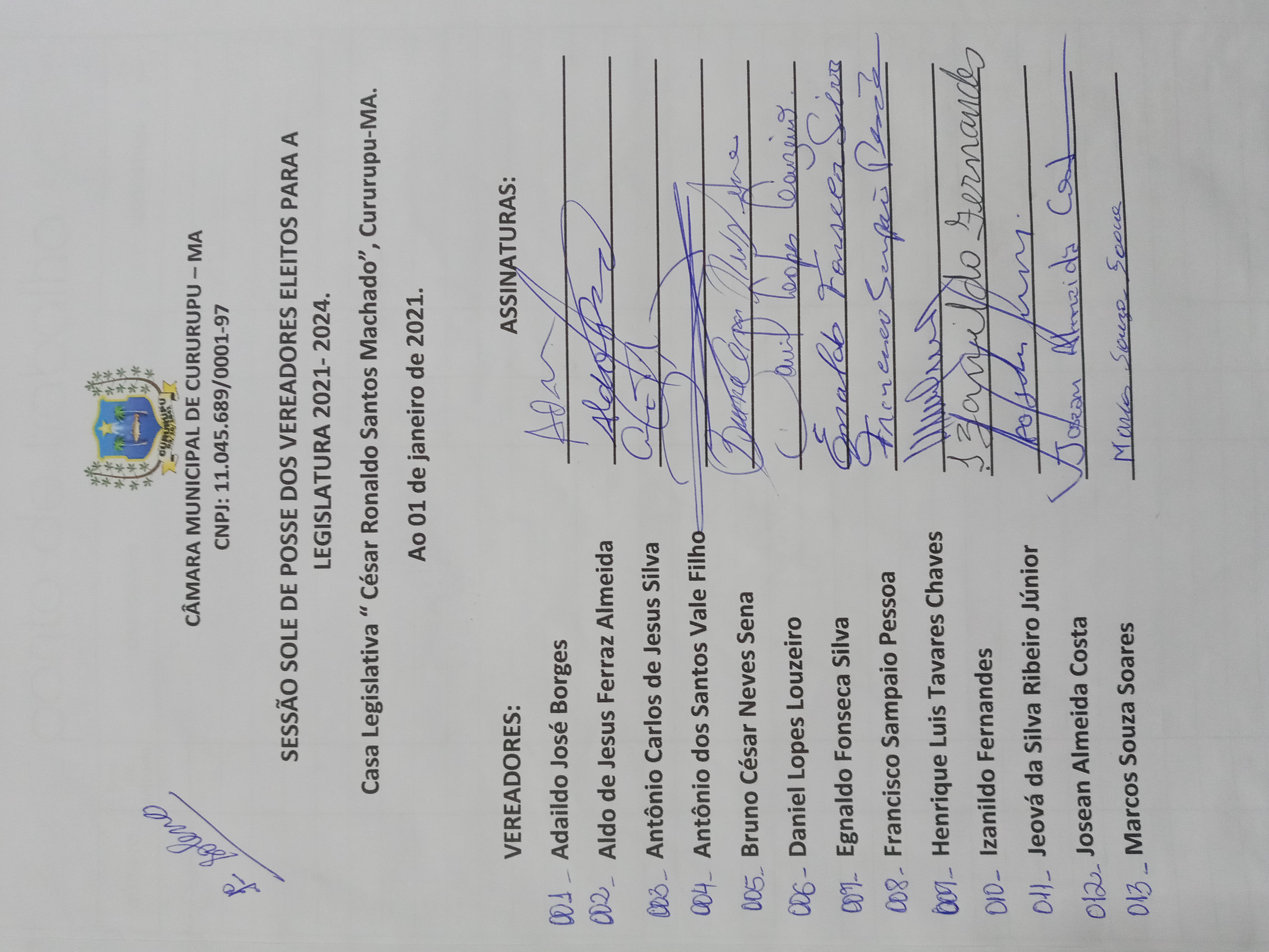 1ª SESSÃO SOLENE DIA 01 DE JANEIRO DE 2021