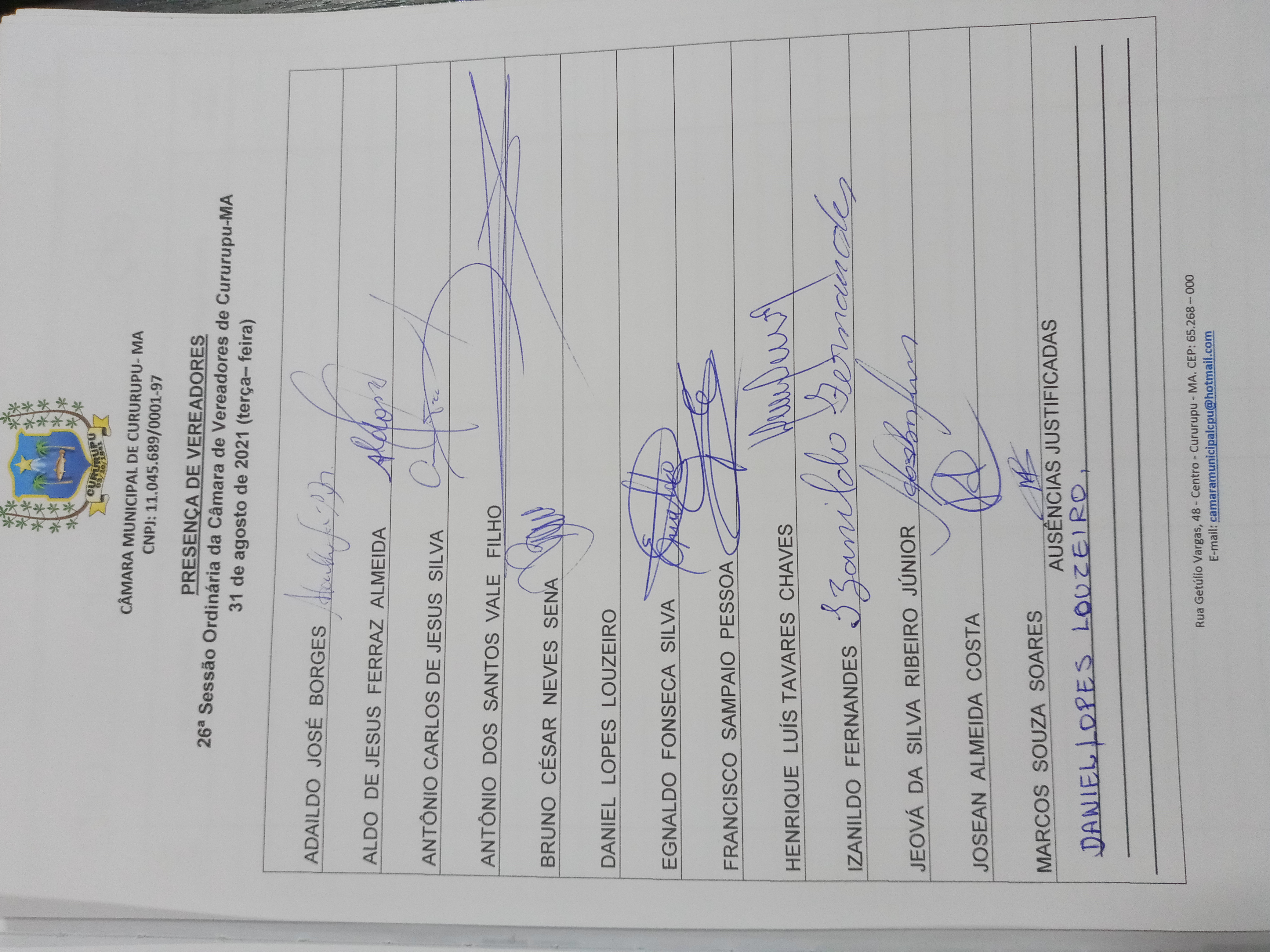 26ª SESSÃO ORDINÁRIA DIA 31 DE AGOSTO DE 2021