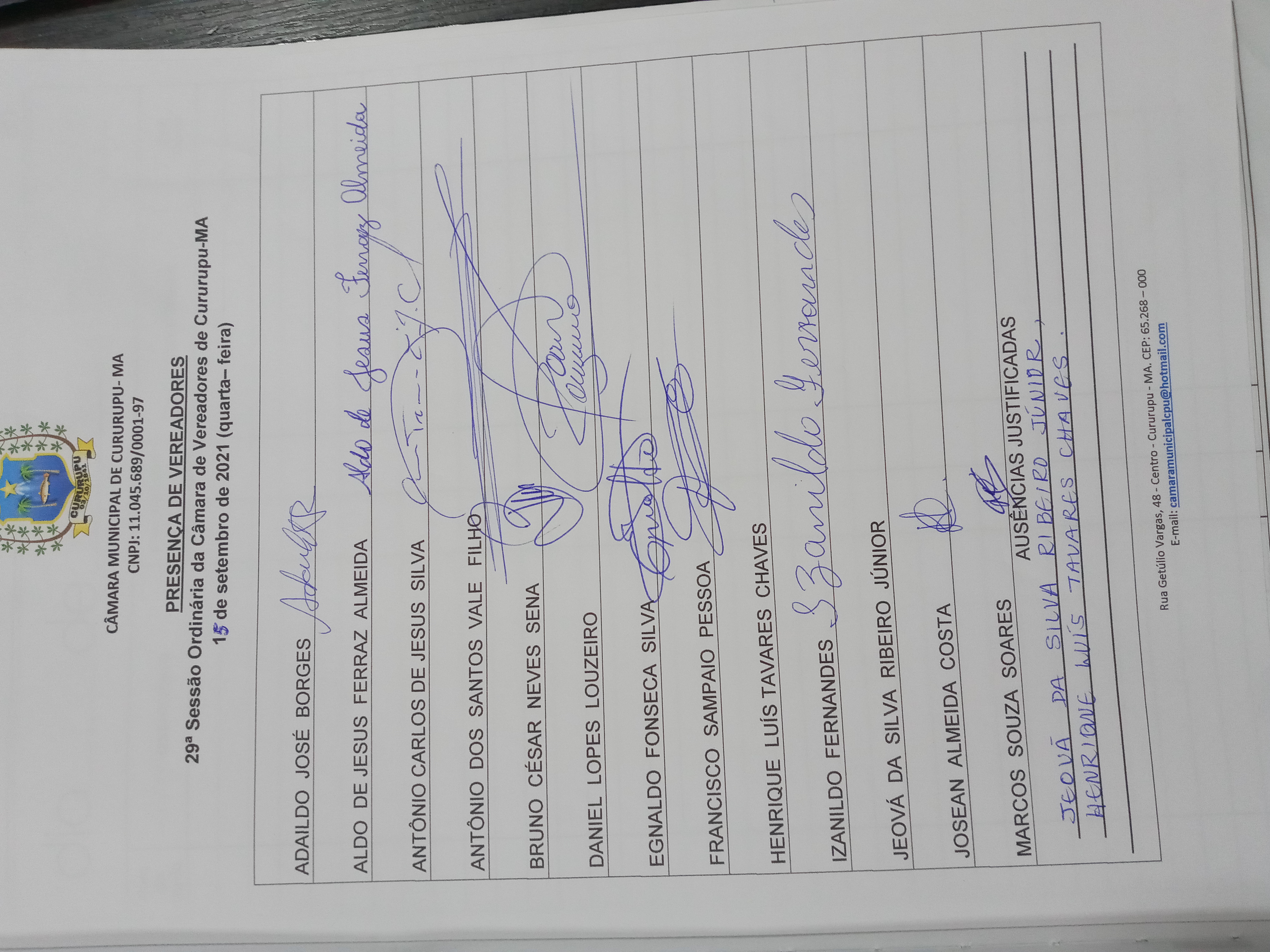 29ª SESSÃO ORDINÁRIA DIA 15 DE SETEMBRO DE 2021