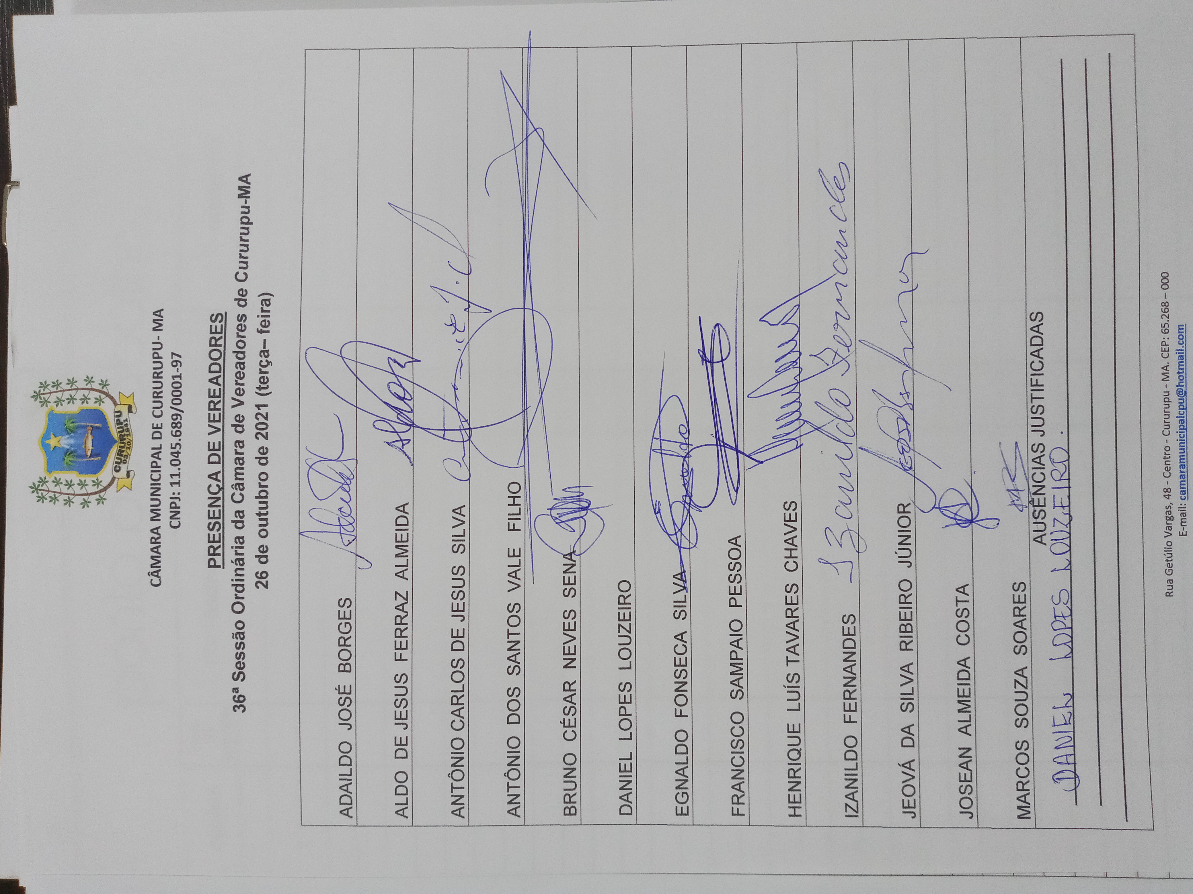 36ª SESSÃO ORDINÁRIA DIA 26 DE OUTUBRO DE 2021