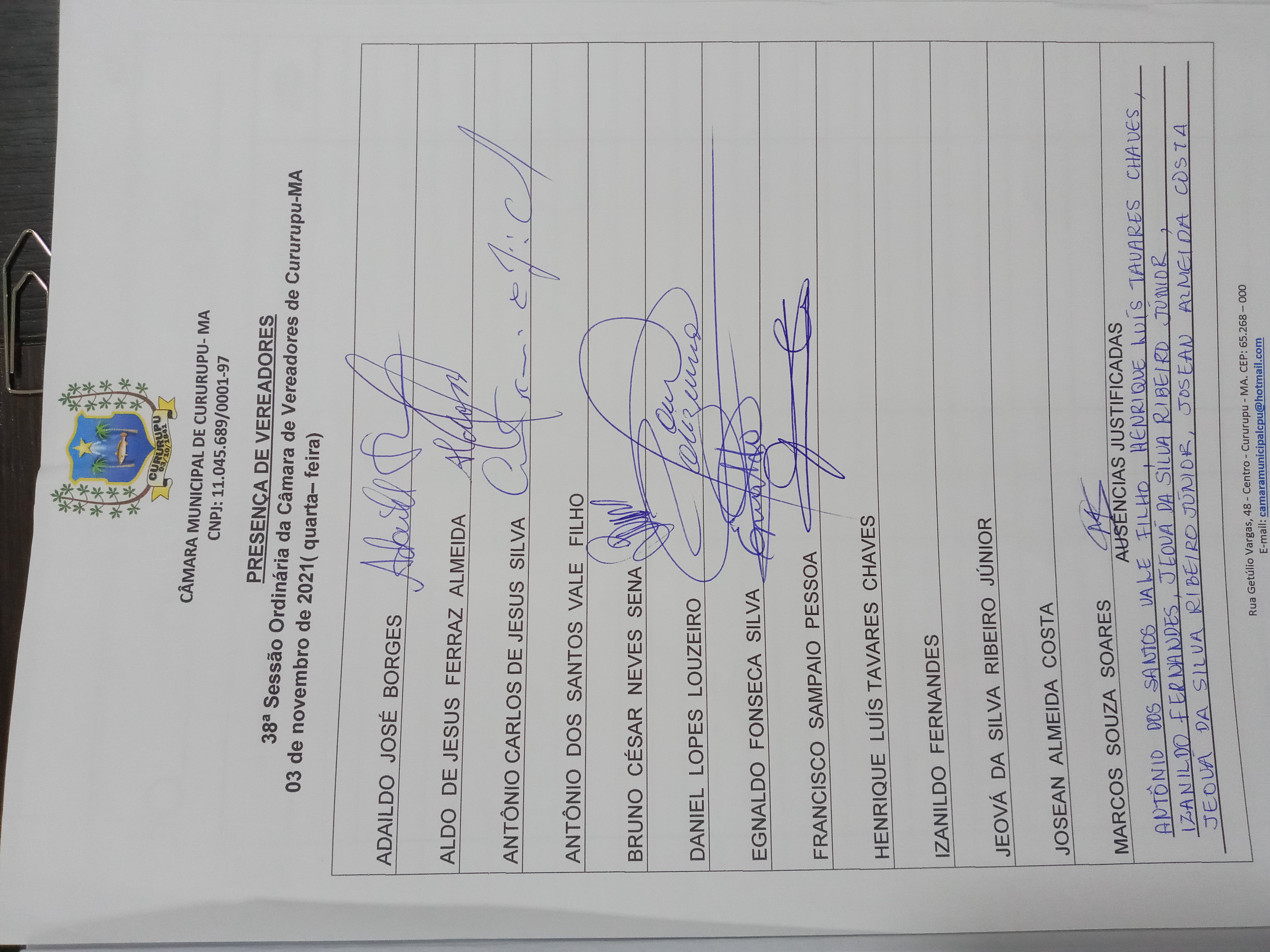 38ª SESSÃO ORDINÁRIA DIA 03 DE NOVEMBRO DE 2021
