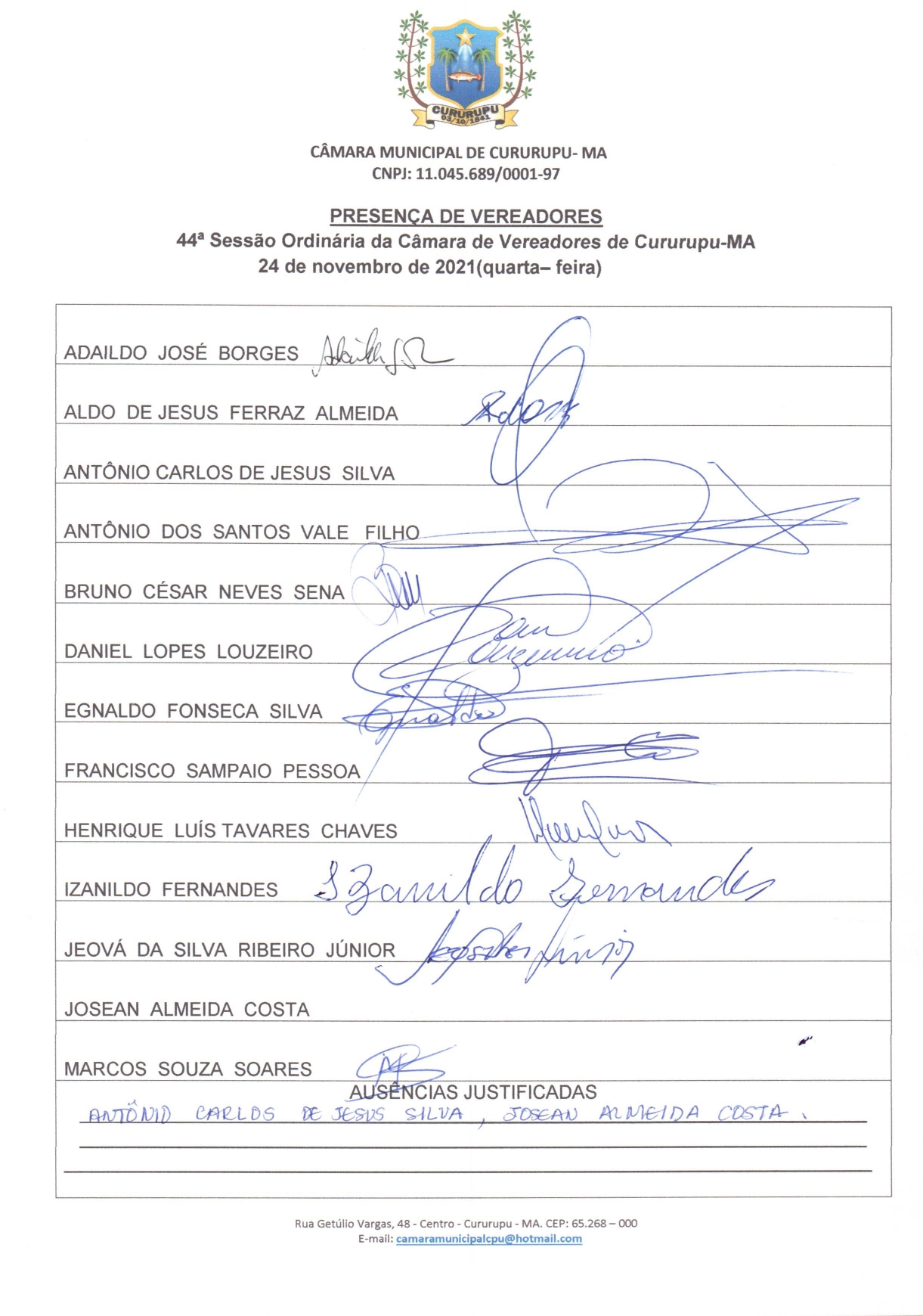 44ª SESSÃO ORDINÁRIA DIA 24 DE NOVEMBRO DE 2021