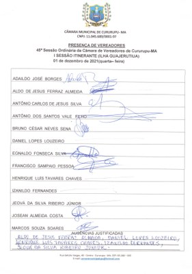 45ª SESSÃO ORDINÁRIA DIA 01 DE DEZEMBRO DE 2021