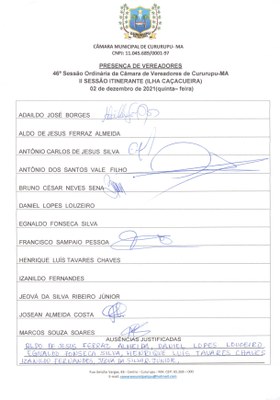 46ª SESSÃO ORDINÁRIA DIA 02 DE DEZEMBRO DE 2021