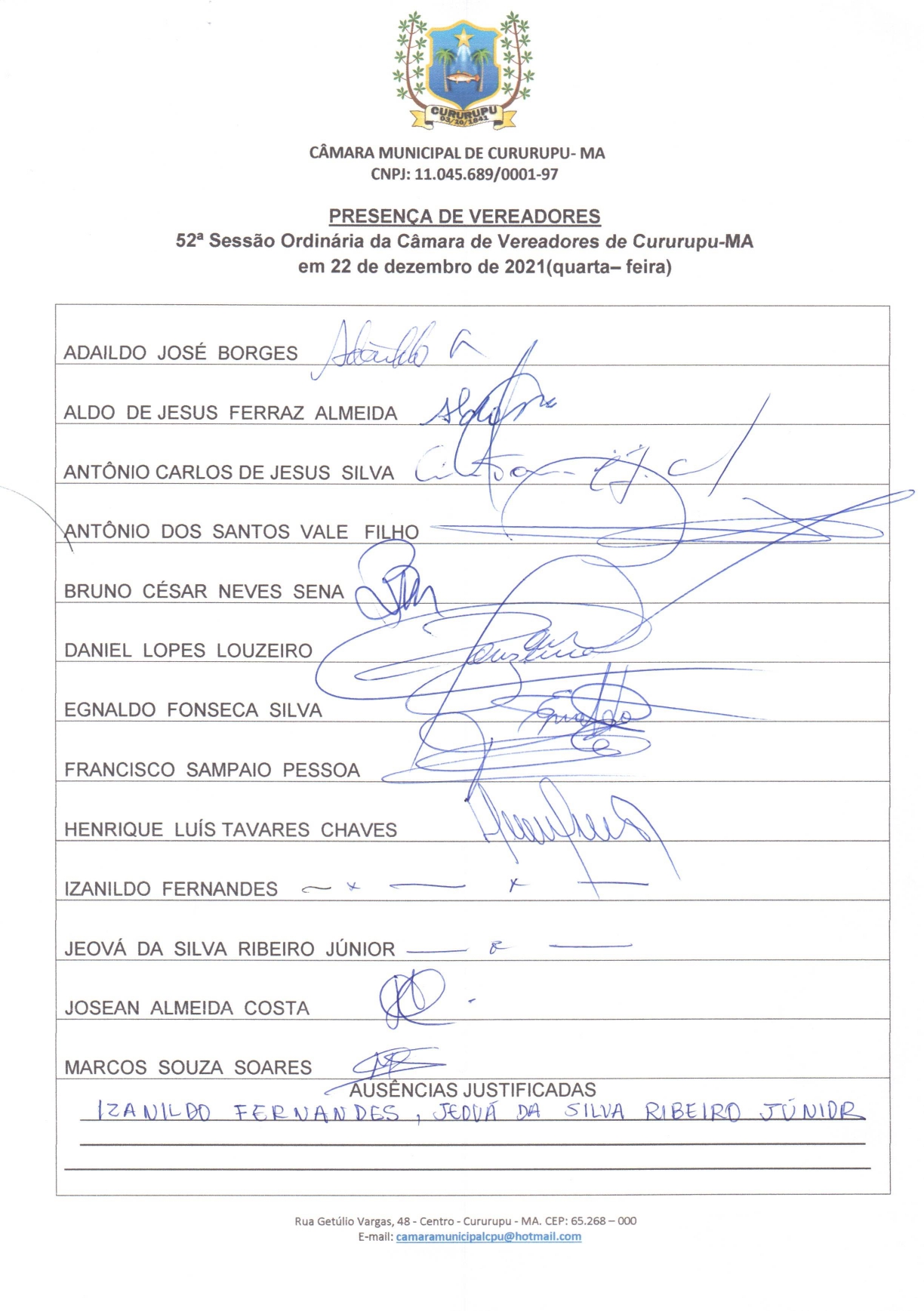 52ª SESSÃO ORDINÁRIA DIA 22 DE DEZEMBRO DE 2021