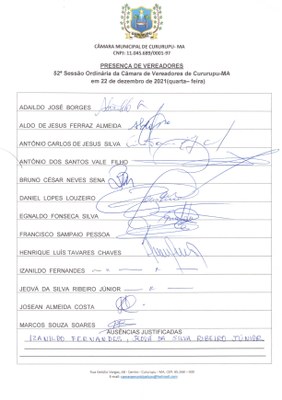 52ª SESSÃO ORDINÁRIA DIA 22 DE DEZEMBRO DE 2021